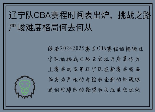 辽宁队CBA赛程时间表出炉，挑战之路严峻难度格局何去何从